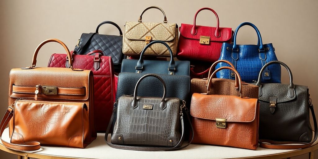 Collection of vintage handbags in diverse styles and colours.