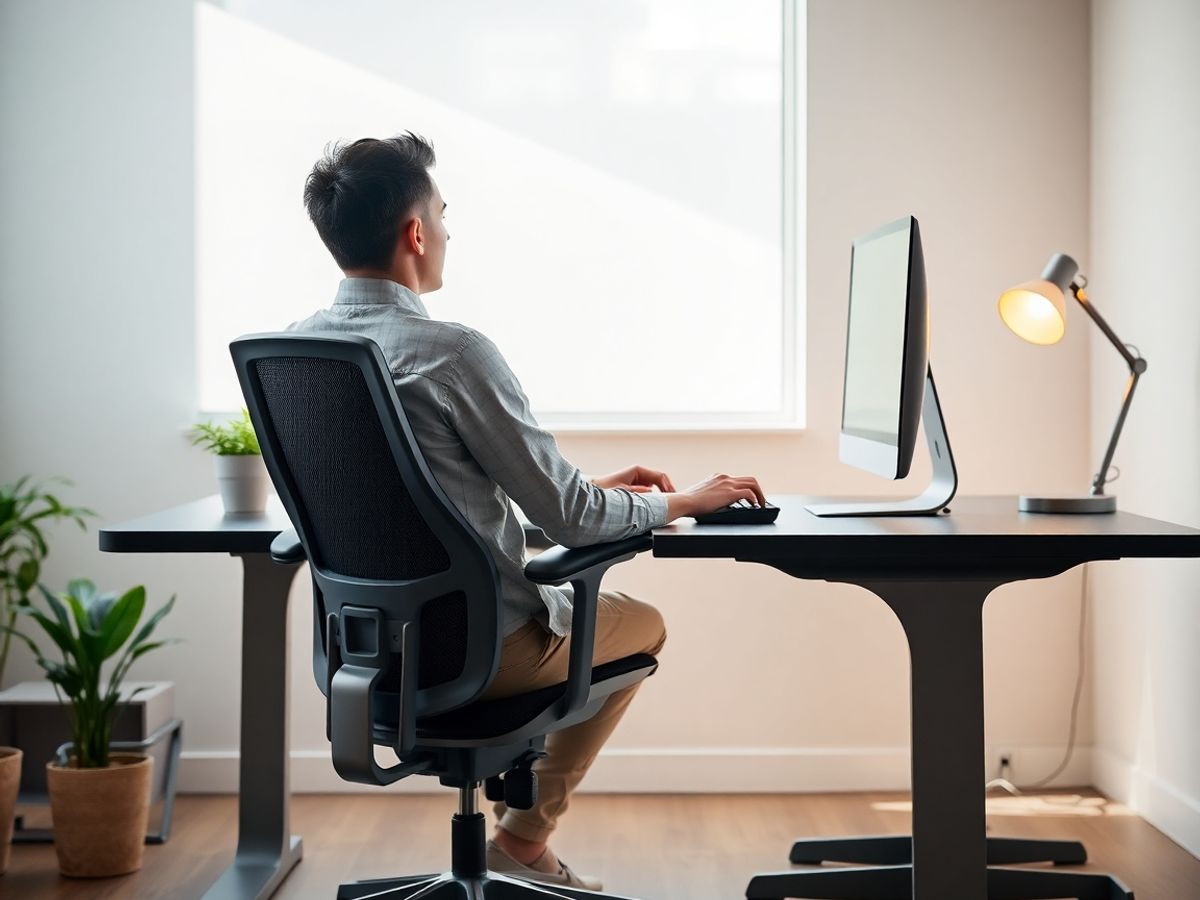 Persoană așezată la birou ergonomic cu monitor la nivel ocular