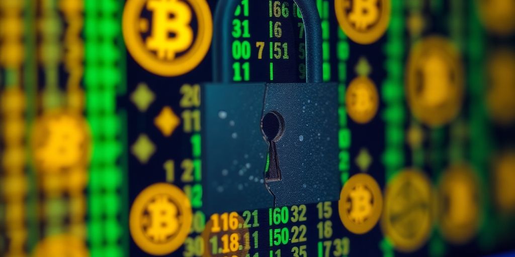 Broken digital lock on a computer screen with crypto symbols.