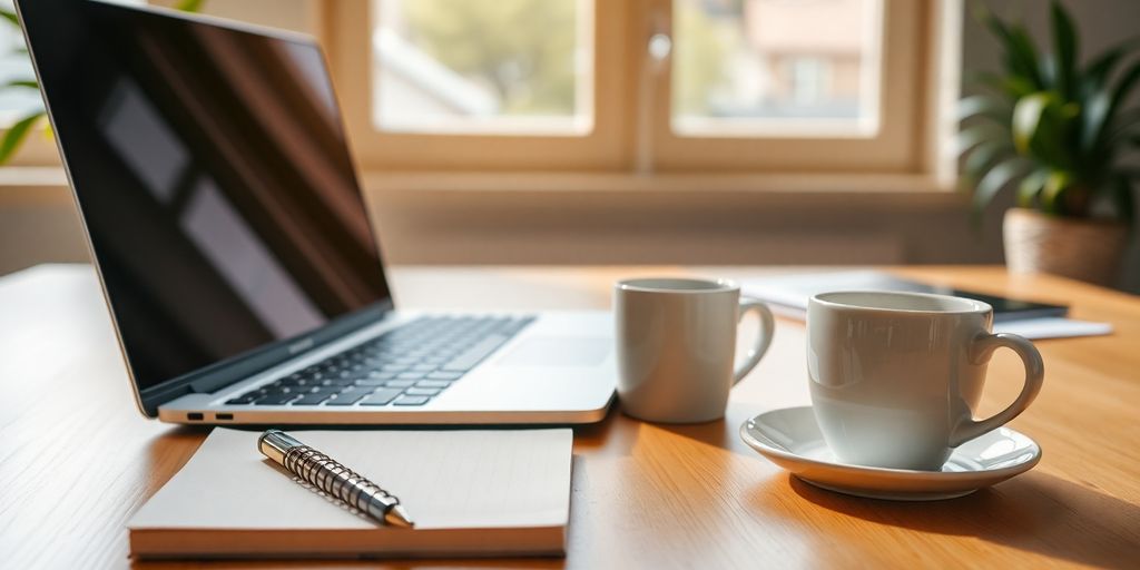 Bright workspace with laptop and coffee for startups.