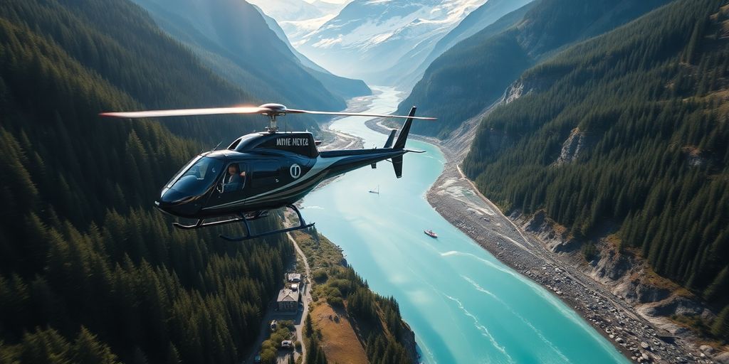 A helicopter flies over rugged Alaskan mountains and a river.