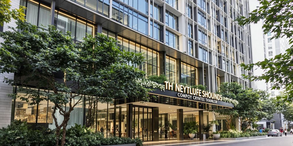 Luxury condo exterior in Thonglor with lush greenery.