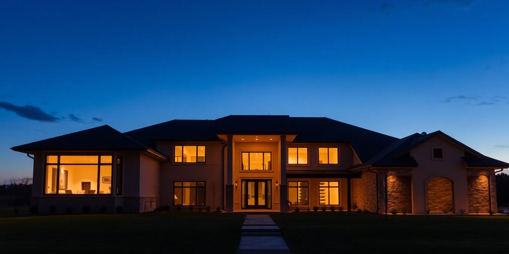 Modern custom home, warm interior lights