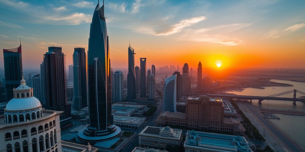 Aerial view of Abu Dhabi skyline at sunset.