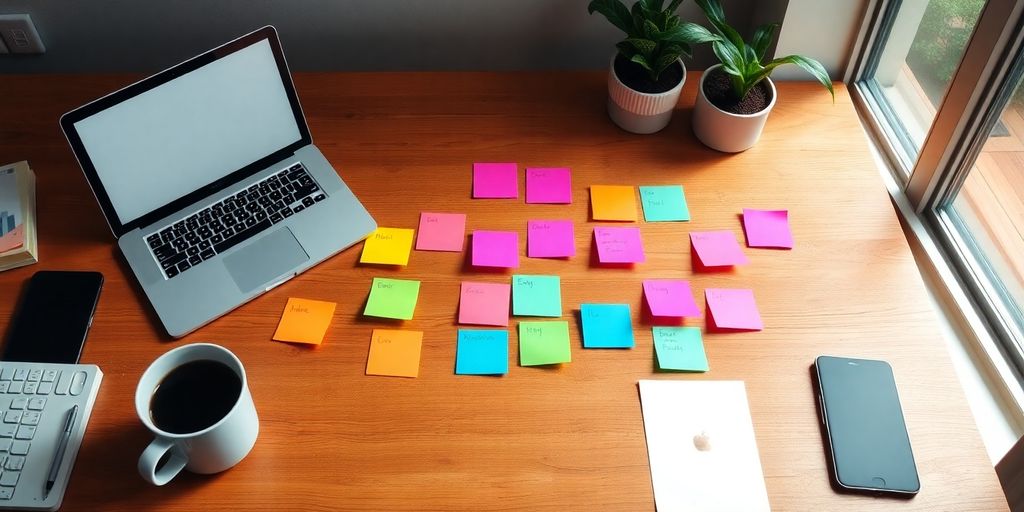 Implementing the Kanban Method for Personal Project Management 2 Colorful sticky notes on a wooden desk in sunlight.