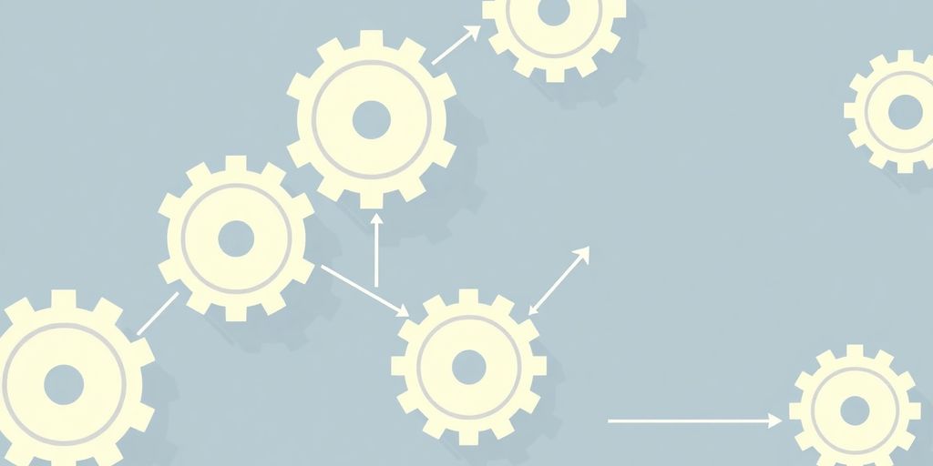 Minimalist illustration of interconnected gears and arrows.