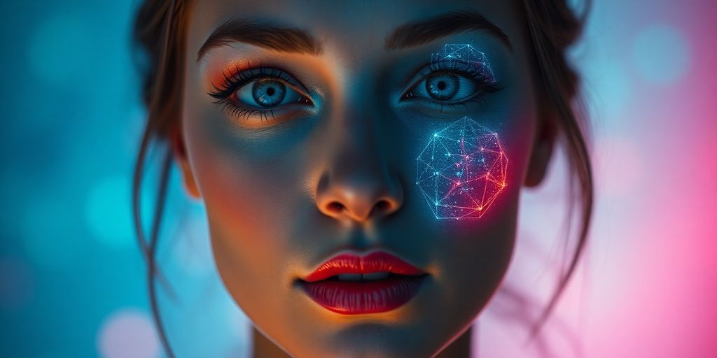 Digital art, woman's face, AI-enhanced, futuristic glow.