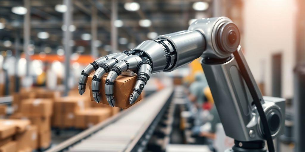 Robô industrial inspecionando caixas em linha de produção.