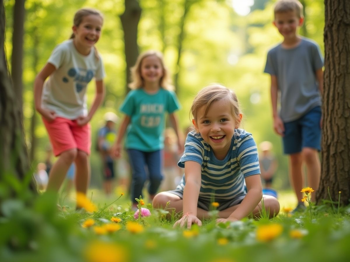 Copii explorând natura la tabăra de vară.