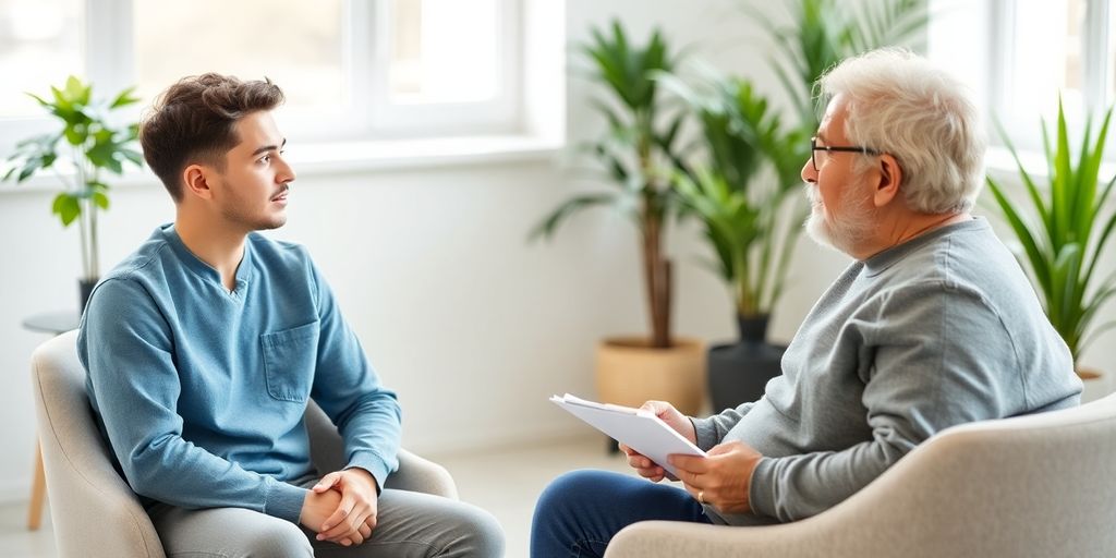 Patient and therapist in a bright, modern therapy room.