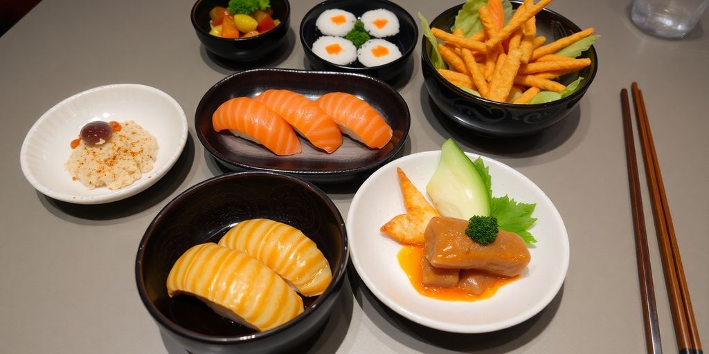 Traditional Japanese meal with sushi and tempura.