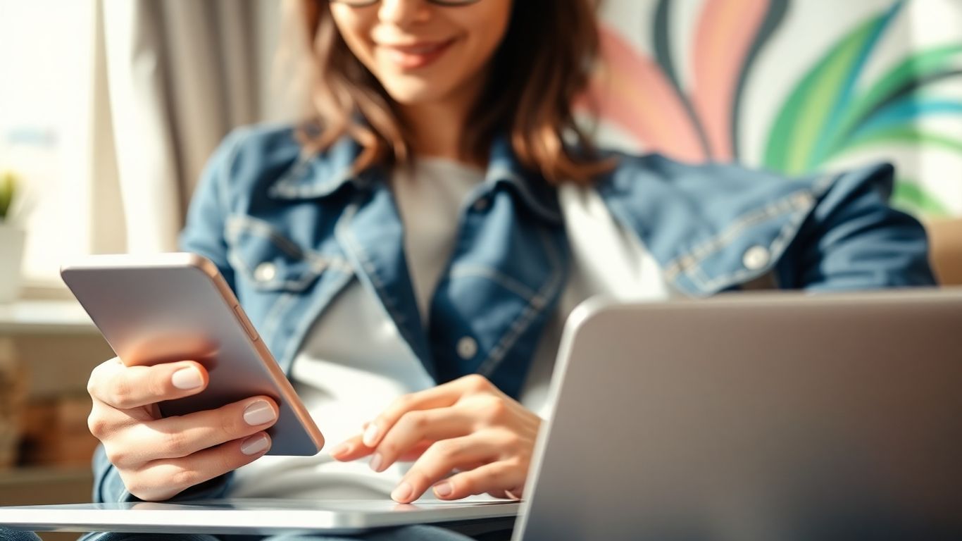 Personne branchée se connectant sur son téléphone et son ordinateur portable