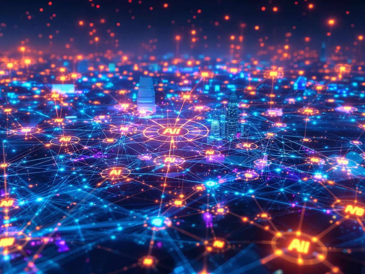Futuristic city with AI and blockchain elements.