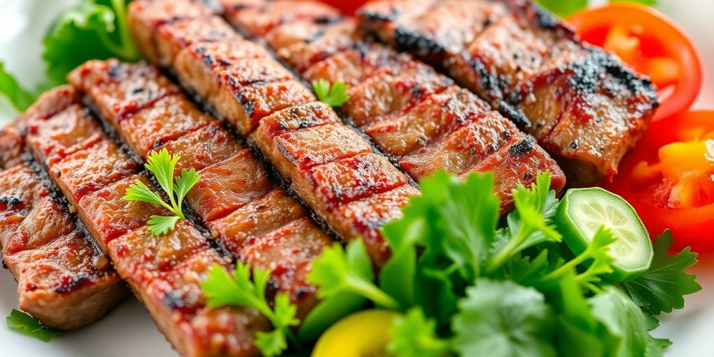 Plate of grilled beef with colorful vegetables.
