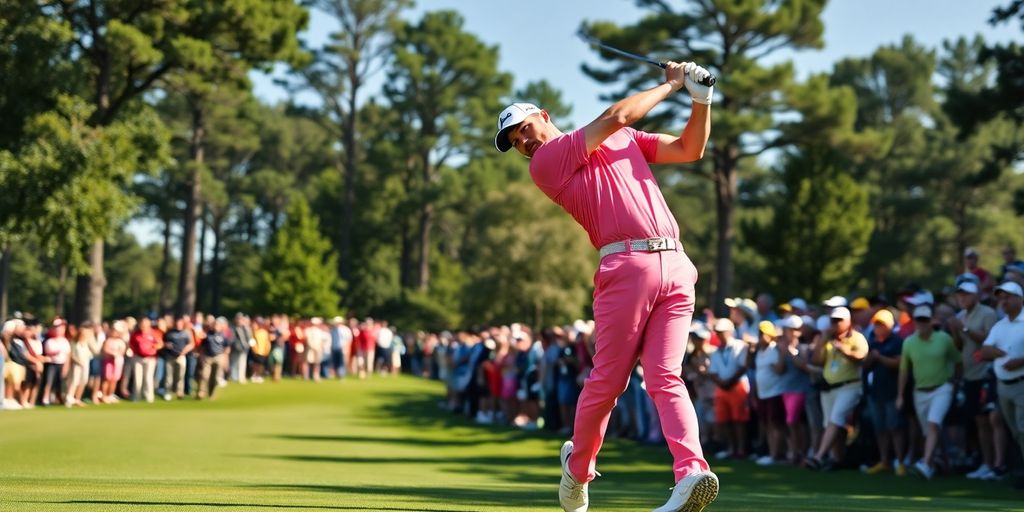 Professional golfer swinging on a lush golf course.