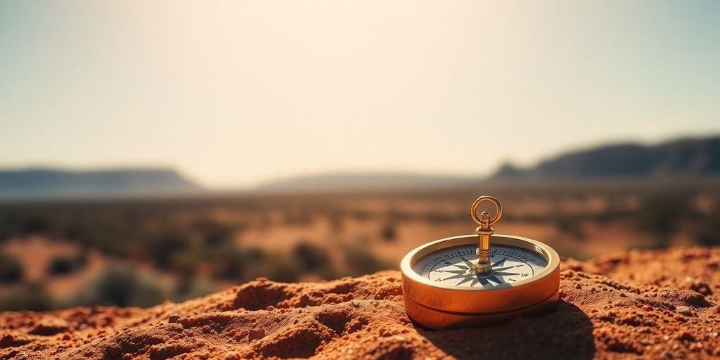 Australian landscape with a compass pointing north.