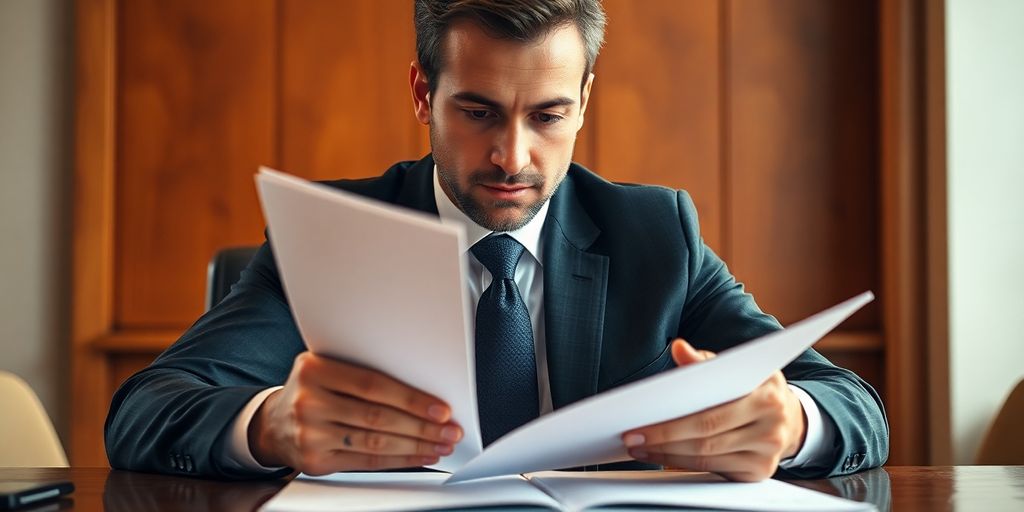 Banker reviewing documents at desk