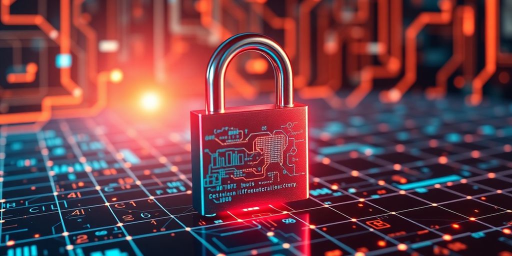 Digital lock on a cyber grid with abstract patterns.