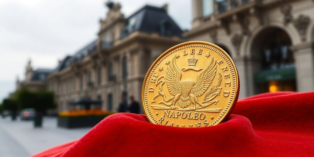 Une pièce de Napoléon en or sur un fond luxueux.