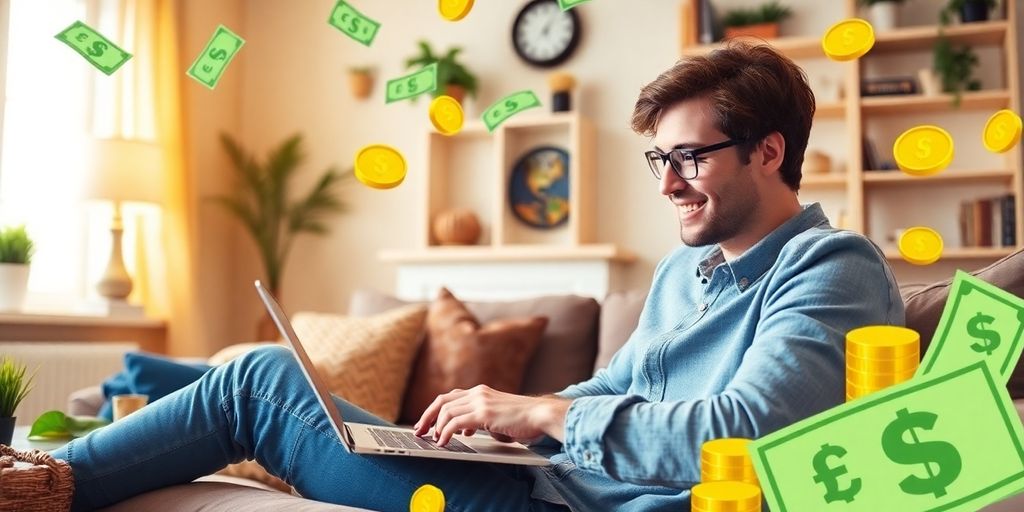 Person with laptop in cozy setting, surrounded by money.