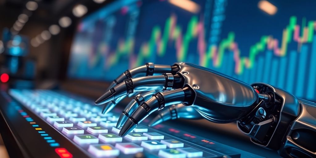 Robotic hand operating a trading terminal.