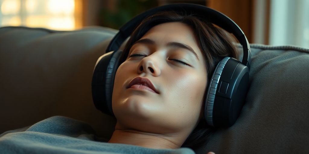 Person relaxing, headphones, soft light, music therapy.