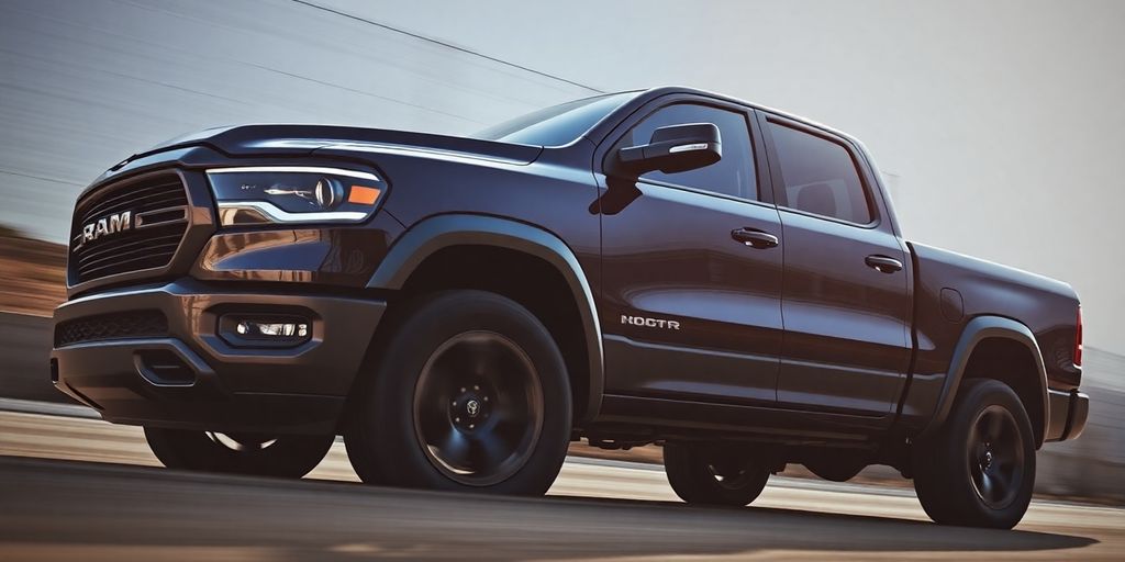 Ram 1500 REV electric pickup truck driving on a road.