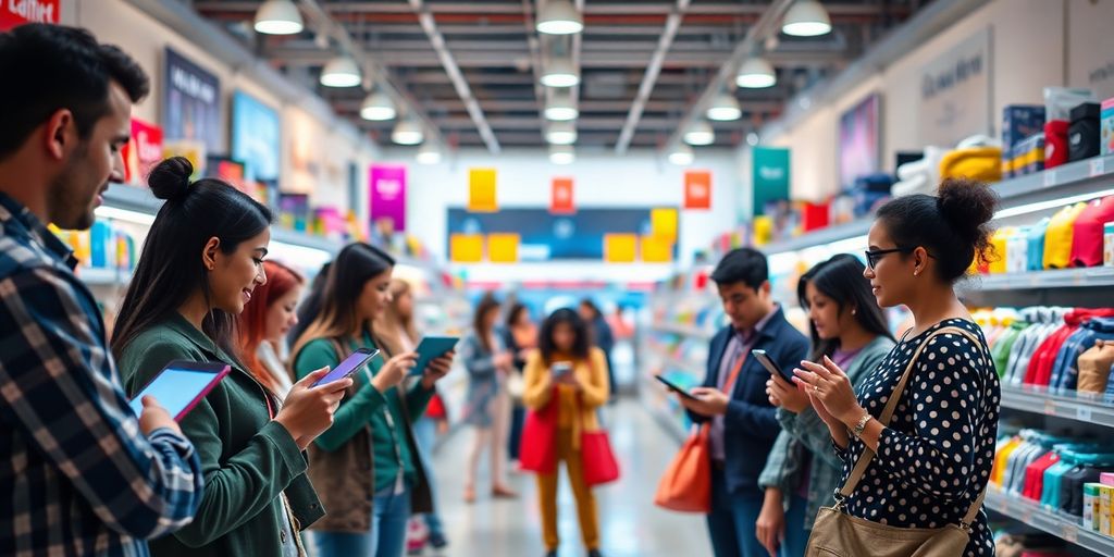 Diverse customers shopping online with modern digital devices.
