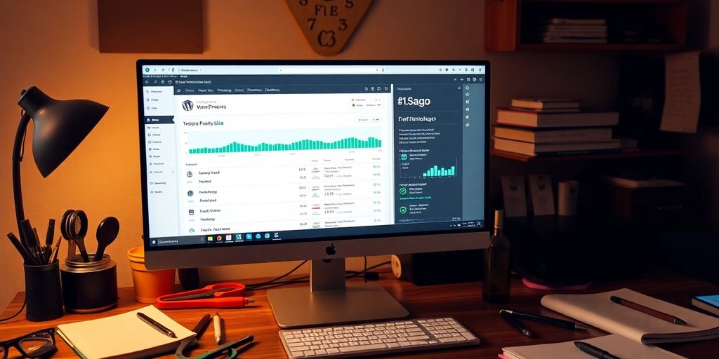 WordPress dashboard on a computer in a cozy workspace.