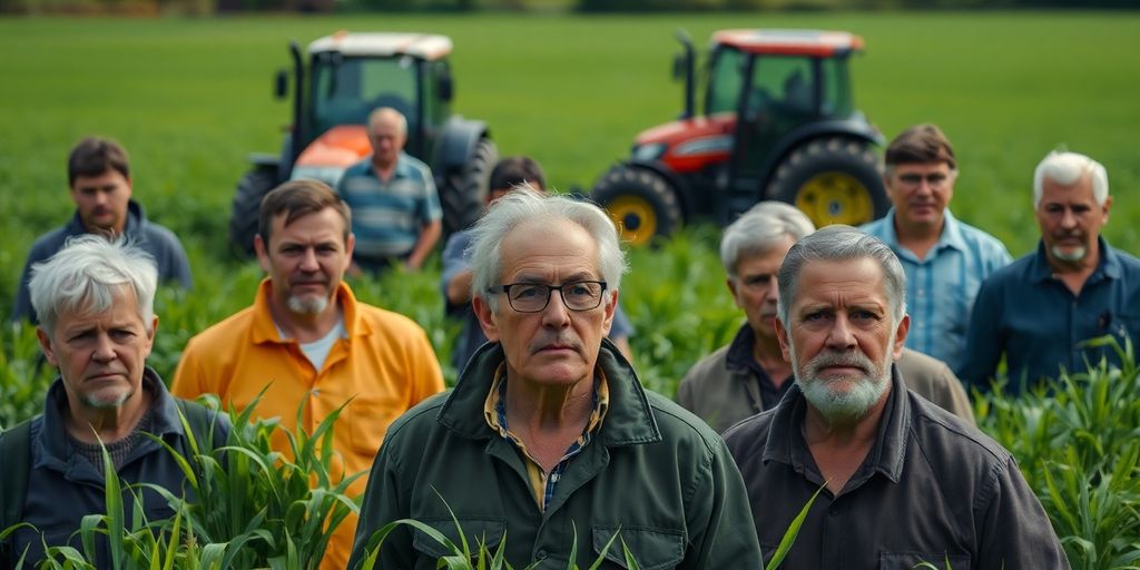 Group of European farmers in a green field.