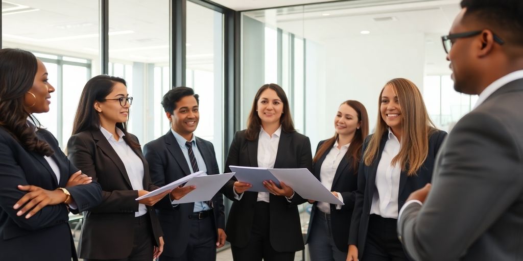 Business professionals collaborating in a modern office environment.