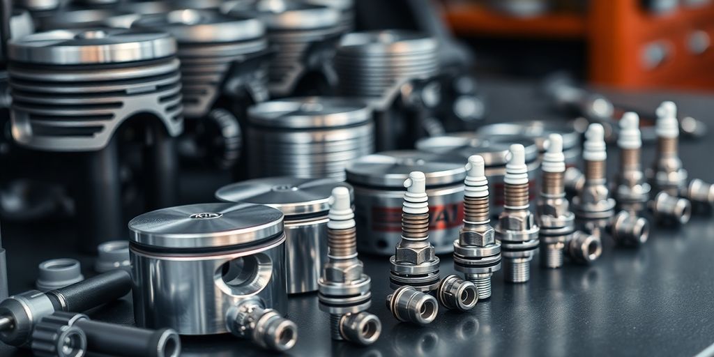 Assorted Kia engine parts displayed neatly.