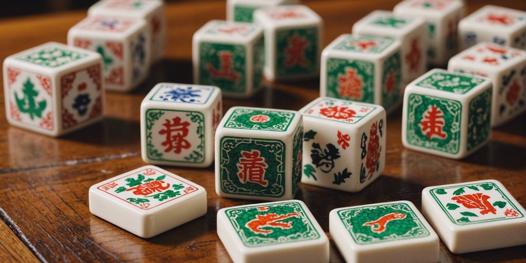 Close-up of Mahjong tiles with animal designs, showcasing intricate details and vibrant colors on a wooden background.