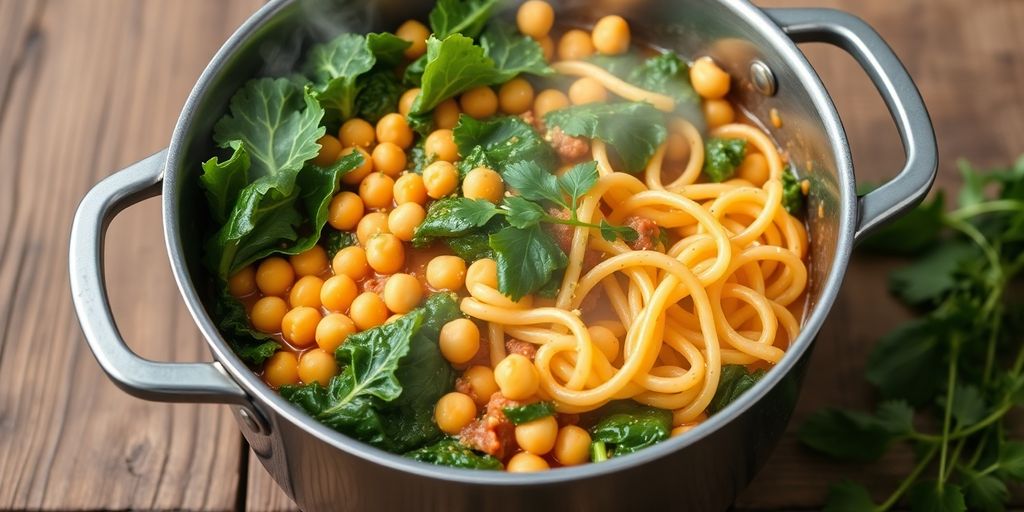 One pot chickpea kale pasta in a cooking pot