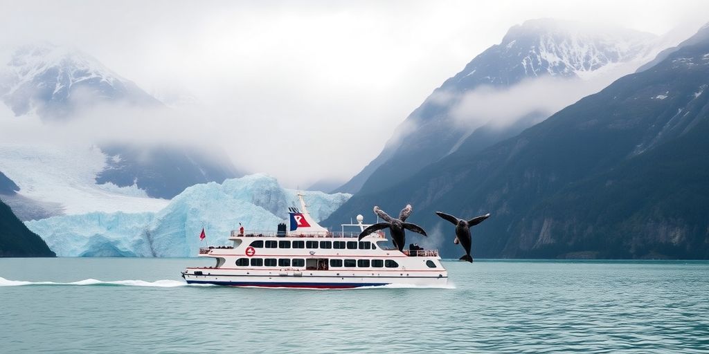 Cruise ship navigates icy fjord with glaciers and whales nearby
