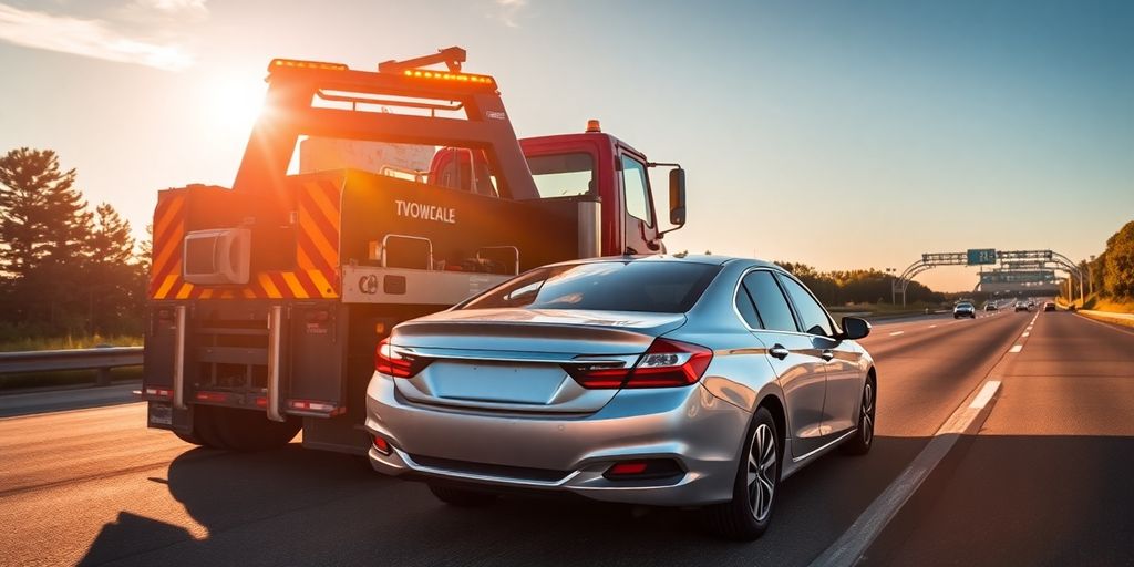 Tow truck hooking up disabled car on roadside.