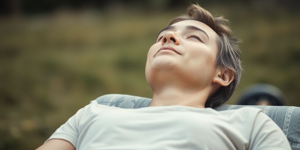 Person peacefully relaxing with eyes closed outdoors.