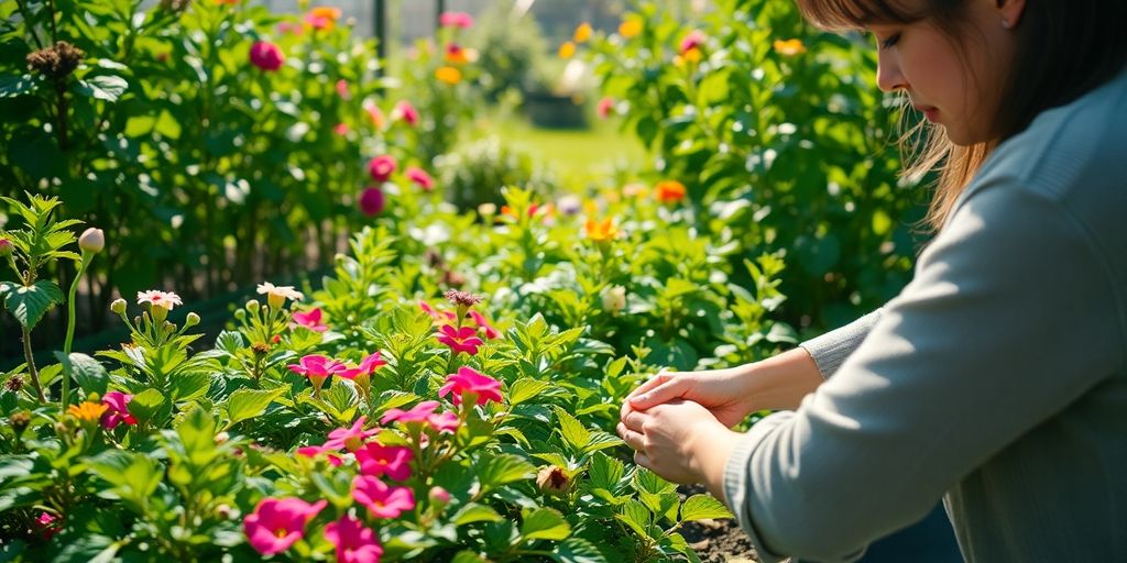 Person tending thriving garden, no phone