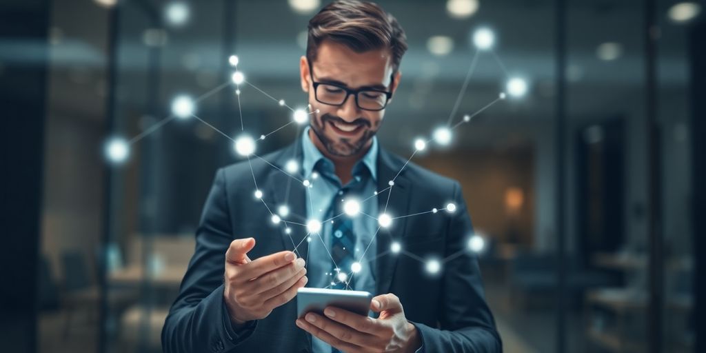 Business person connecting digitally with customers.