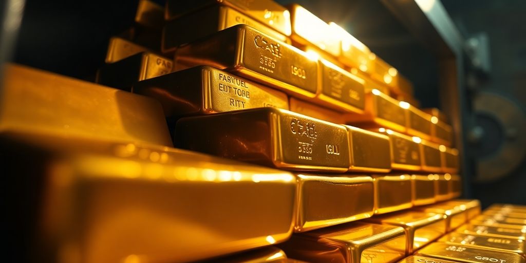 Lingots d'or brillants empilés sous une lumière dorée.