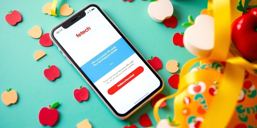 Smartphone with Fetch Rewards app and apple decorations.