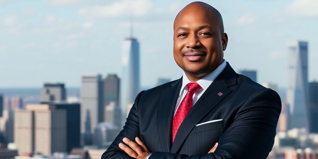 Daymond John in a suit with city skyline.