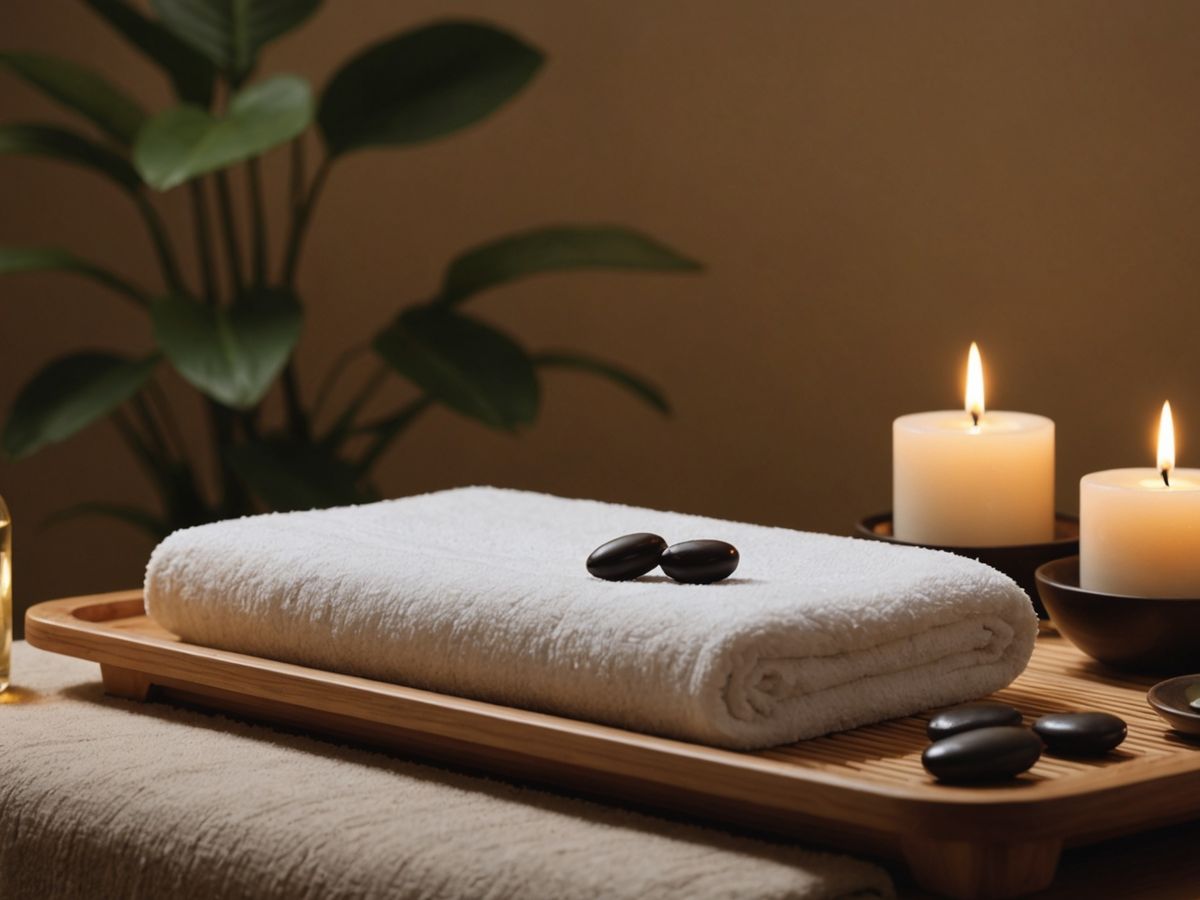 Serene spa setting with massage table and essential oils.