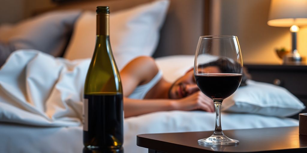 Person sleeping in a dimly lit bedroom with wine.