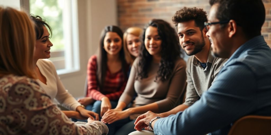 Group therapy session, diverse people, warm lighting.