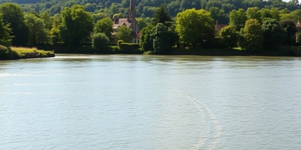 River Thames, village, church, trees, bright sunlight.