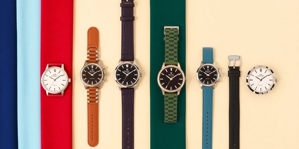 Watches and fabric swatches in complementary colors.