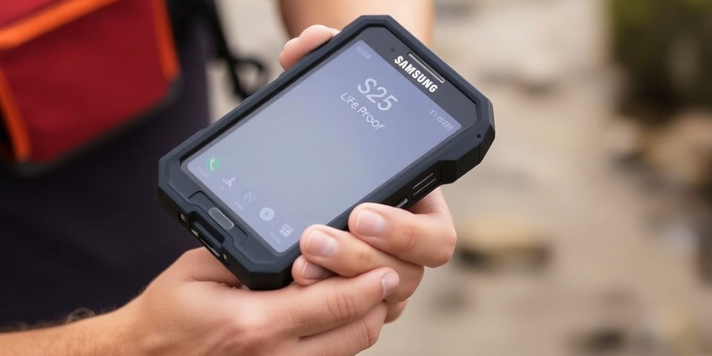 Samsung S25 phone in a lifeproof case outdoors.
