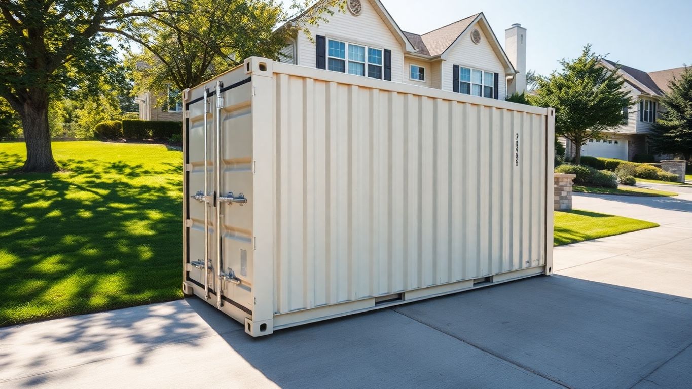 Shipping container on residential property driveway