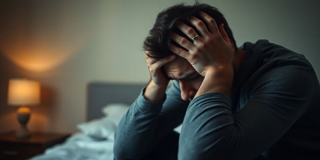 Distressed man in bedroom experiencing erectile dysfunction.